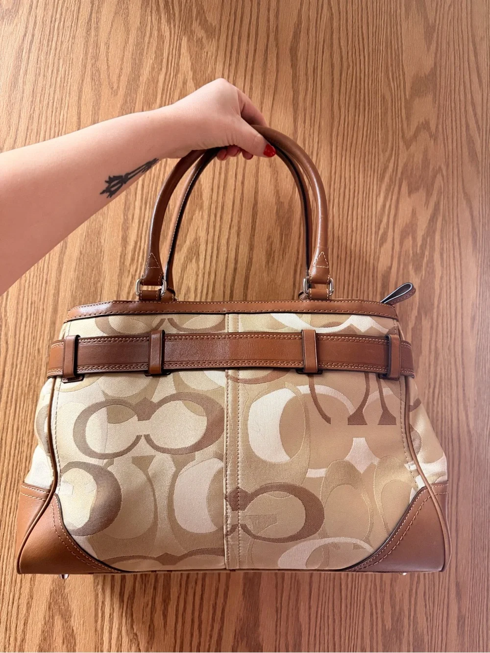 Coach Tan, White and Purple Stripe Satchel with Charm